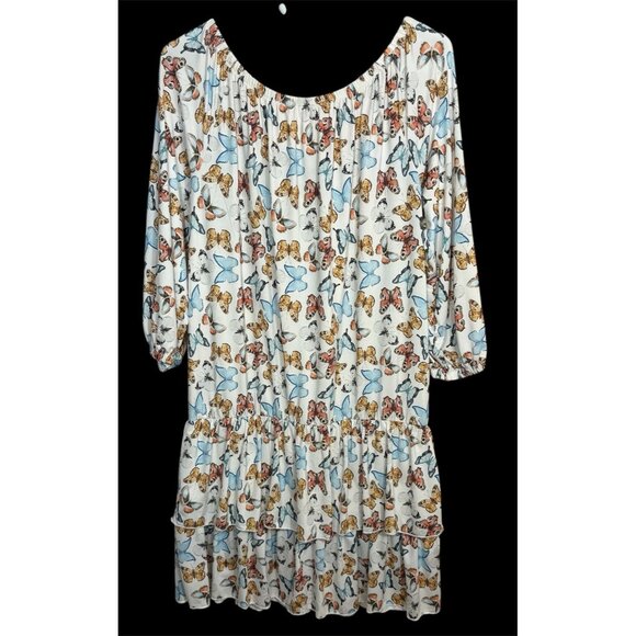 Women's L/XL Butterfly Print Stretch Ruffled Dress Elasticized Wasit & Neckline - Picture 1 of 8